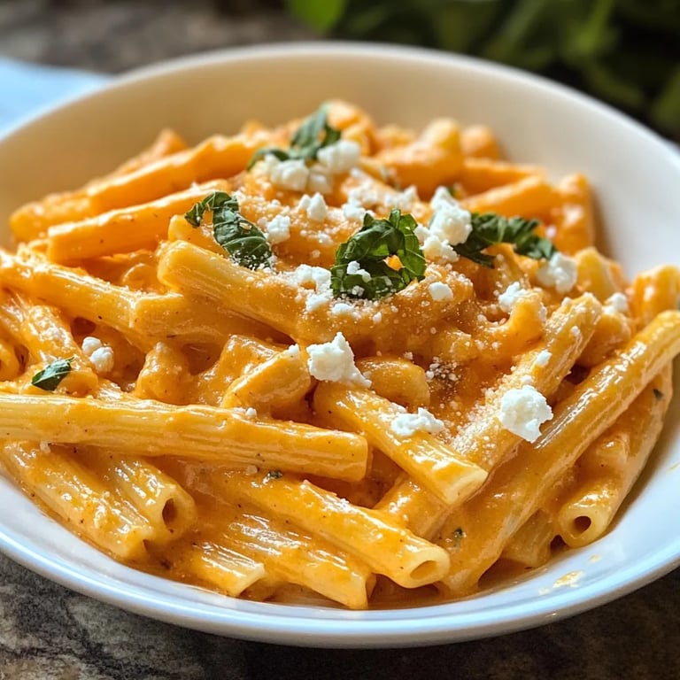 Kürbissoße mit Nudeln und Feta