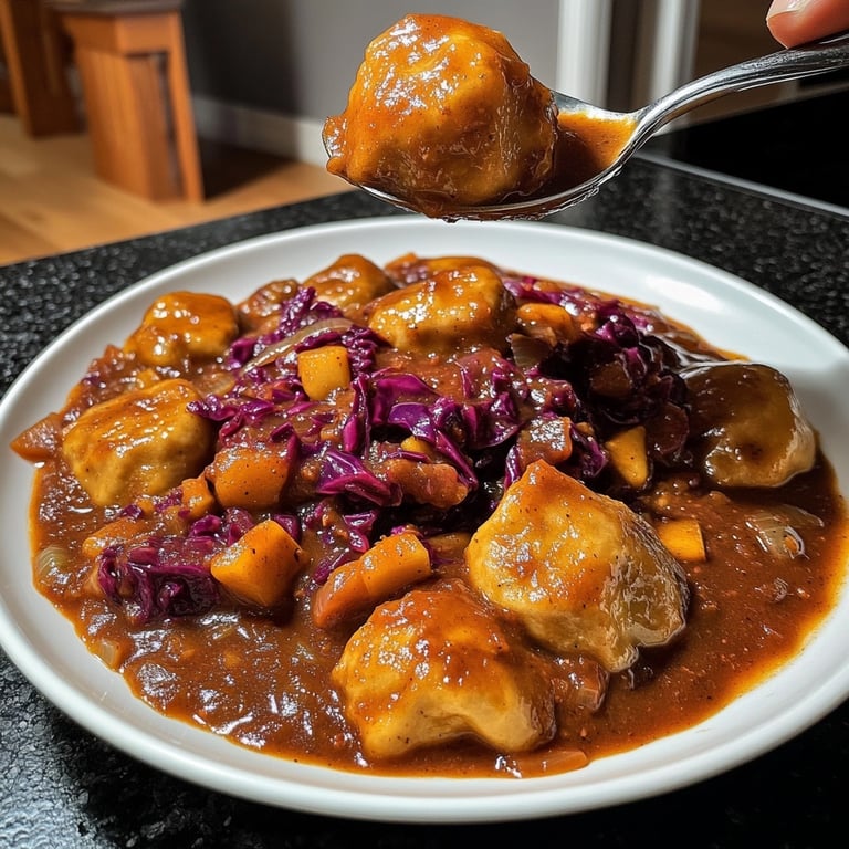 Veganes Gulasch mit Klöße und Apfel-Rotkohl