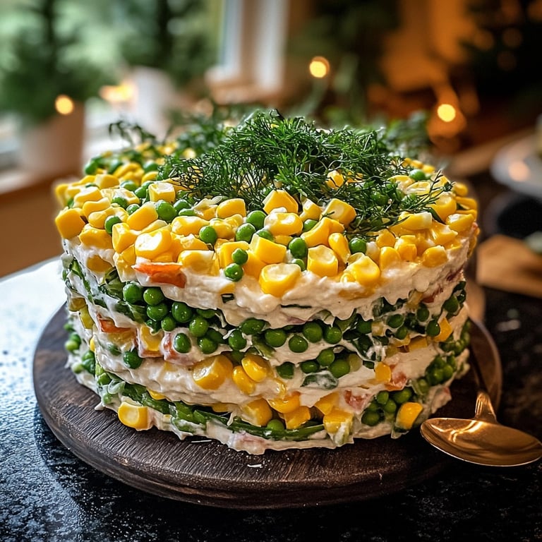 Weihnachtlicher Schichtsalat mit Mais und Erbsen
