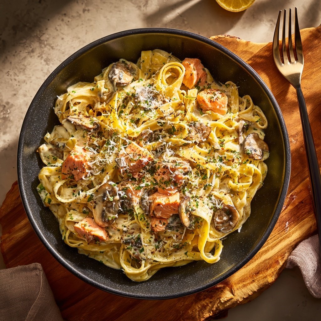 Cremige Pilz-Lachs-Tagliatelle