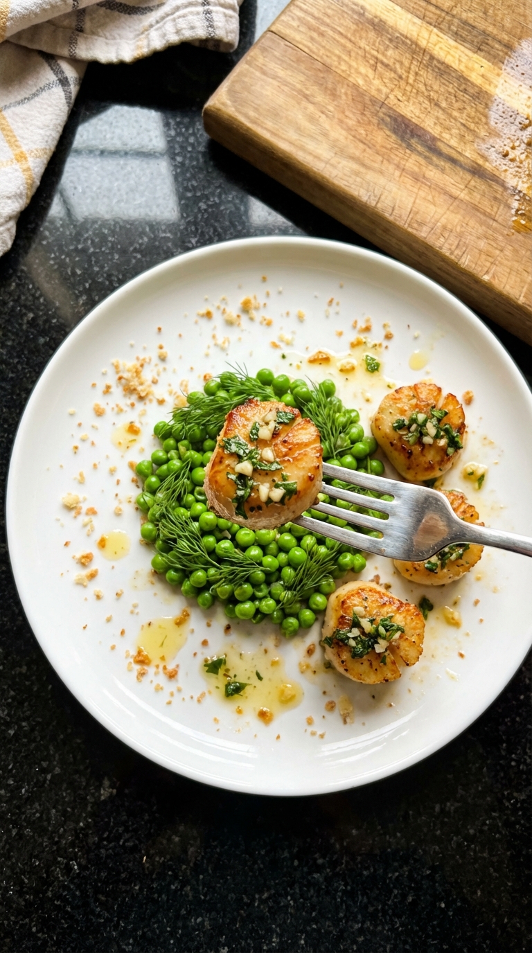 Knoblauch Kräuter Gebratene Jakobsmuscheln mit Erbsen​